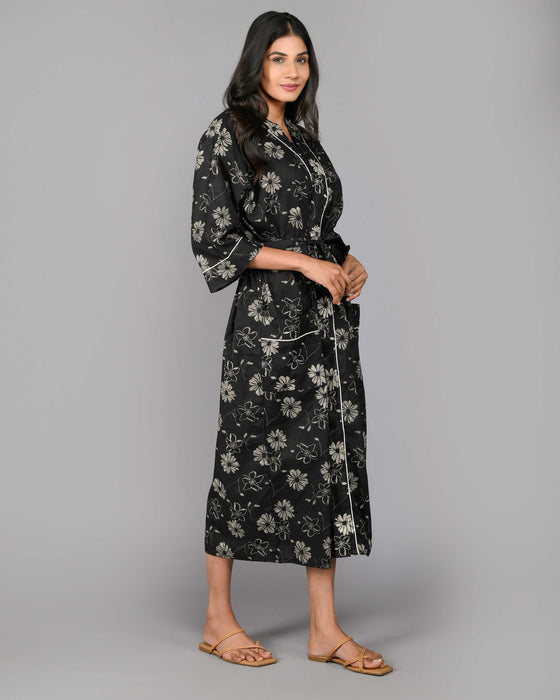 Floral Pattern Kimono Robe Long Bathrobe For Women (Black)-KM-117