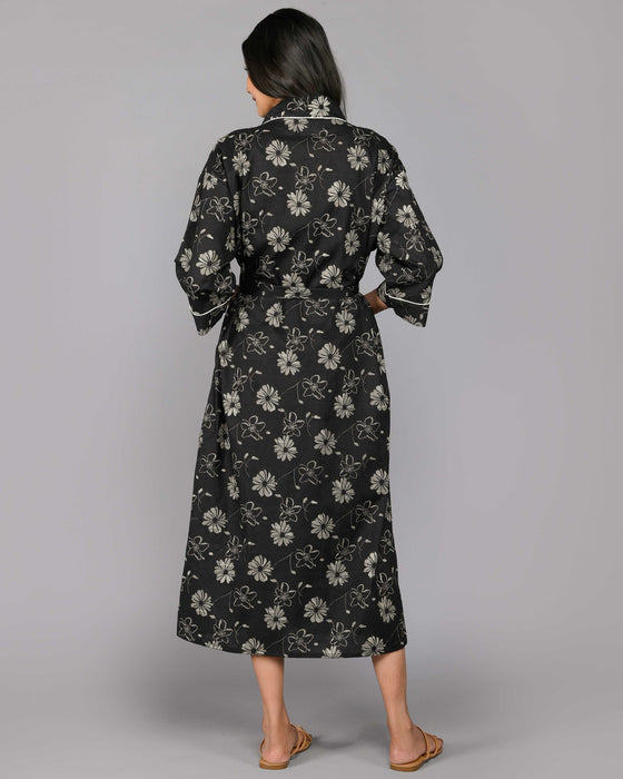 Floral Pattern Kimono Robe Long Bathrobe For Women (Black)-KM-117