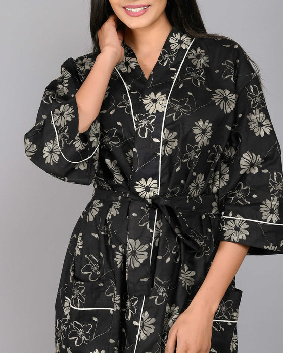 Floral Pattern Kimono Robe Long Bathrobe For Women (Black)-KM-117