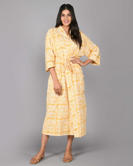 Floral Pattern Kimono Robe Long Bathrobe For Women (Yellow)-KM-118