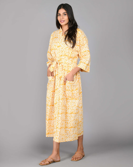 Floral Pattern Kimono Robe Long Bathrobe For Women (Yellow)-KM-118