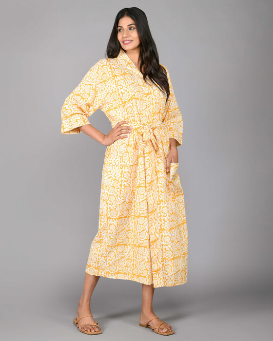 Floral Pattern Kimono Robe Long Bathrobe For Women (Yellow)-KM-118