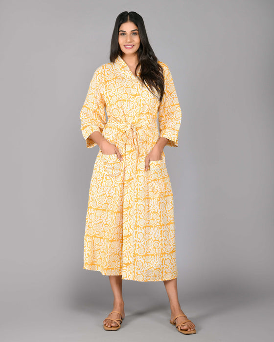 Floral Pattern Kimono Robe Long Bathrobe For Women (Yellow)-KM-118