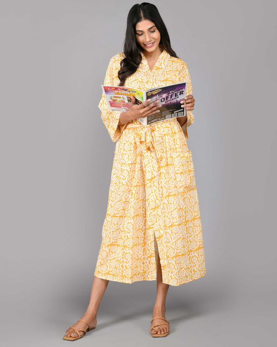 Floral Pattern Kimono Robe Long Bathrobe For Women (Yellow)-KM-118