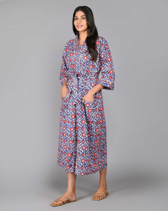 Floral Pattern Kimono Robe Long Bathrobe For Women (Blue)-KM-119