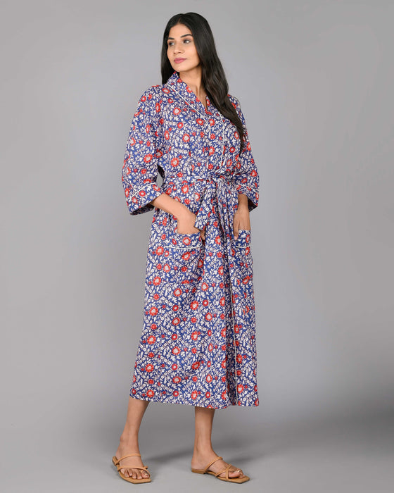 Floral Pattern Kimono Robe Long Bathrobe For Women (Blue)-KM-119