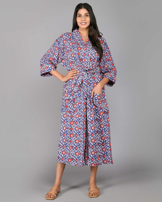 Floral Pattern Kimono Robe Long Bathrobe For Women (Blue)-KM-119