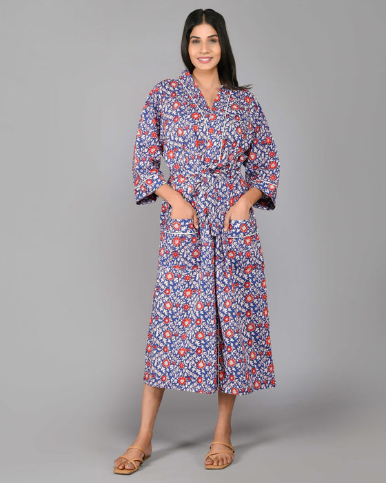 Floral Pattern Kimono Robe Long Bathrobe For Women (Blue)-KM-119