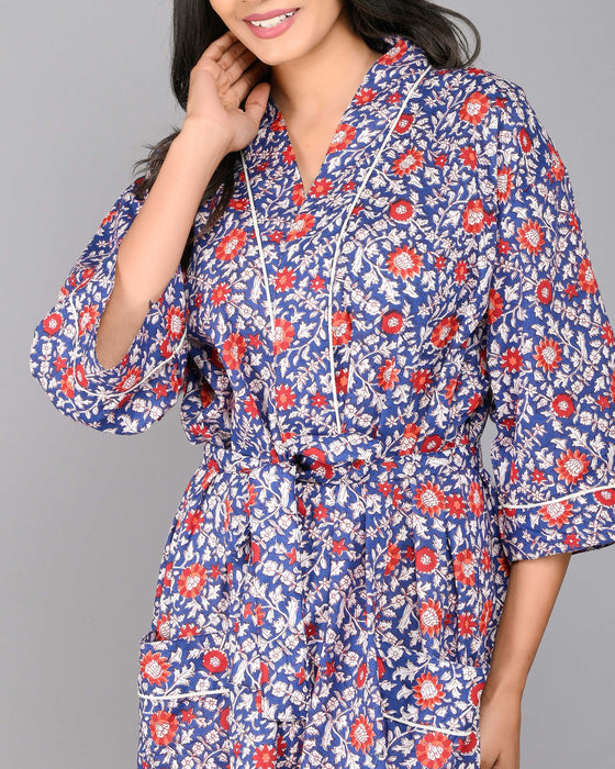 Floral Pattern Kimono Robe Long Bathrobe For Women (Blue)-KM-119