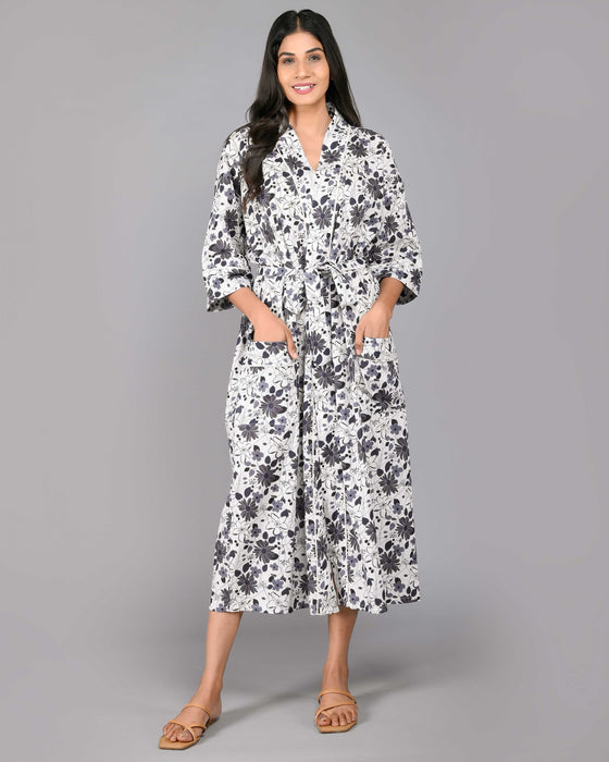 Floral Pattern Kimono Robe Long Bathrobe For Women (Grey)-KM-120