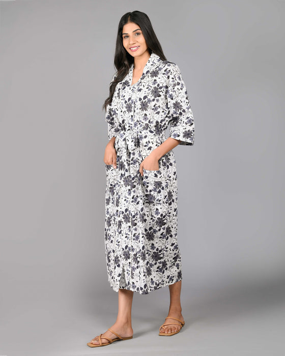 Floral Pattern Kimono Robe Long Bathrobe For Women (Grey)-KM-120