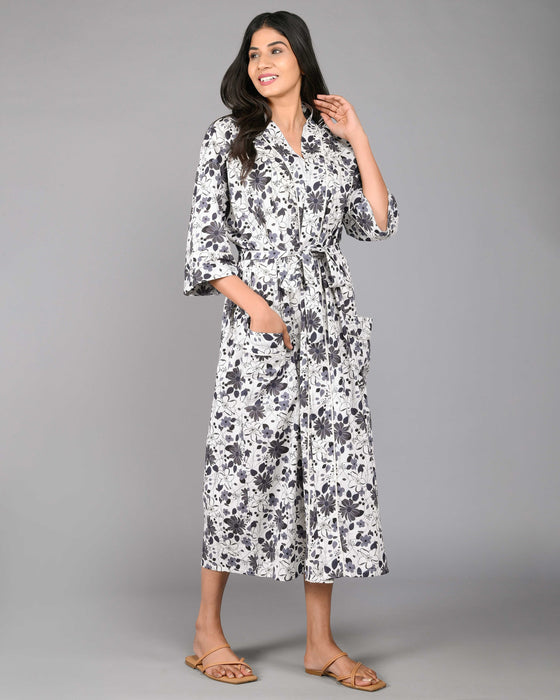 Floral Pattern Kimono Robe Long Bathrobe For Women (Grey)-KM-120