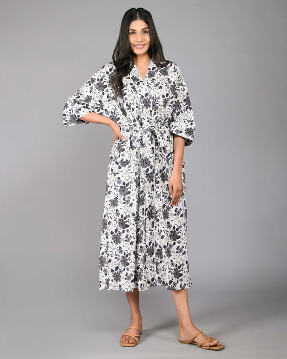 Floral Pattern Kimono Robe Long Bathrobe For Women (Grey)-KM-120