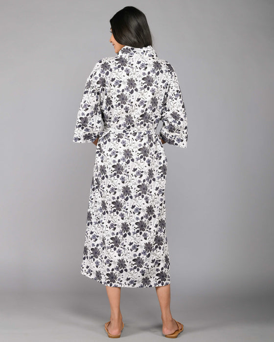 Floral Pattern Kimono Robe Long Bathrobe For Women (Grey)-KM-120