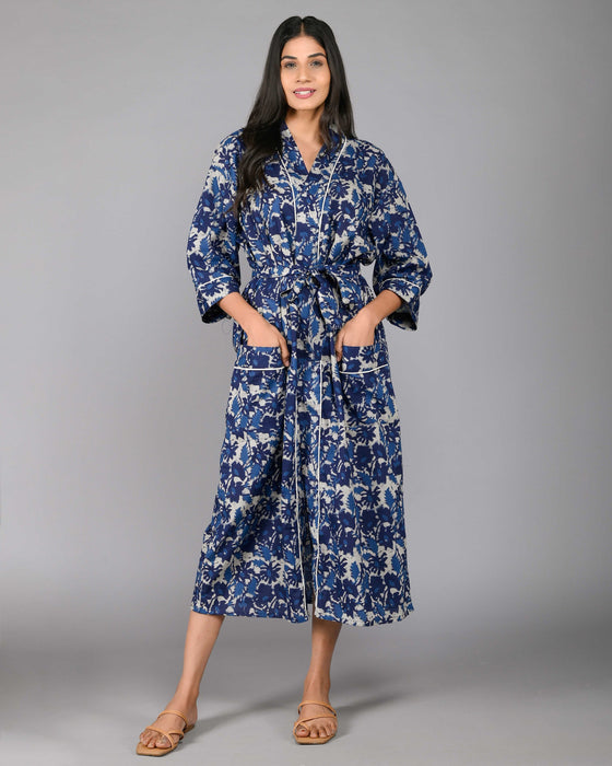 Abstract Pattern Kimono Robe Long Bathrobe For Women (Blue)-KM-121