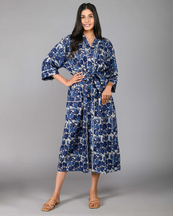 Abstract Pattern Kimono Robe Long Bathrobe For Women (Blue)-KM-121