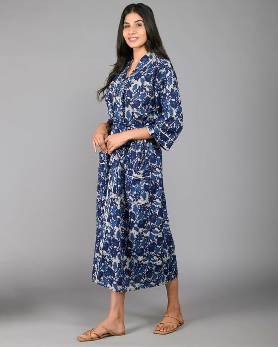 Abstract Pattern Kimono Robe Long Bathrobe For Women (Blue)-KM-121