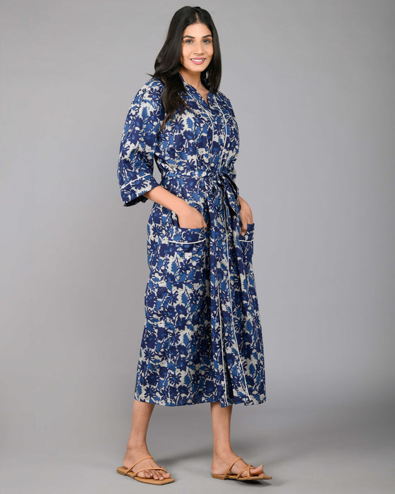 Abstract Pattern Kimono Robe Long Bathrobe For Women (Blue)-KM-121