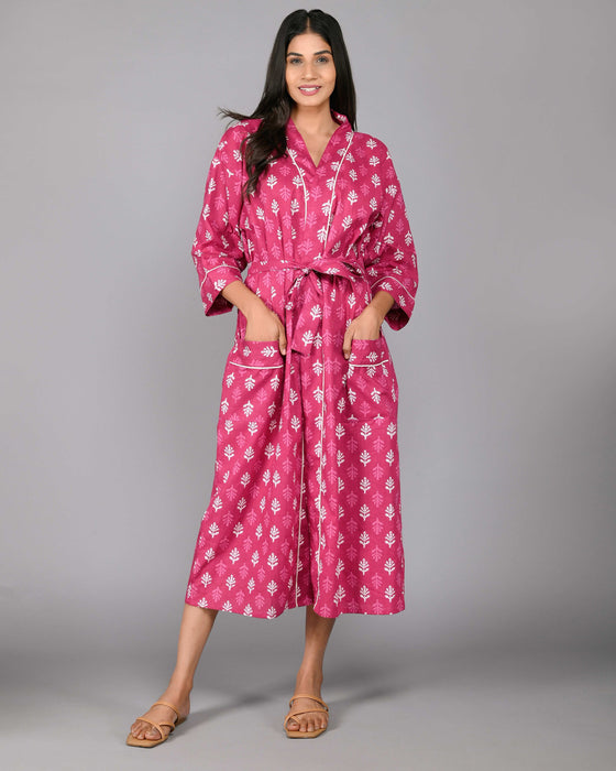 Floral Pattern Kimono Robe Long Bathrobe For Women (Pink)-KM-122