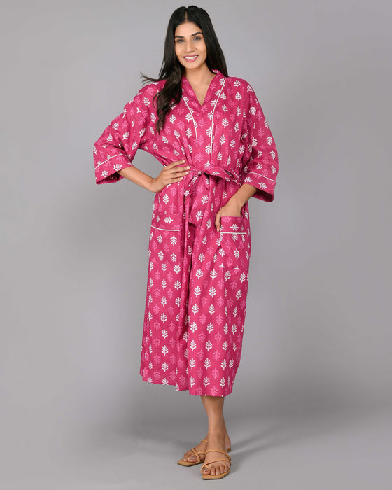 Floral Pattern Kimono Robe Long Bathrobe For Women (Pink)-KM-122