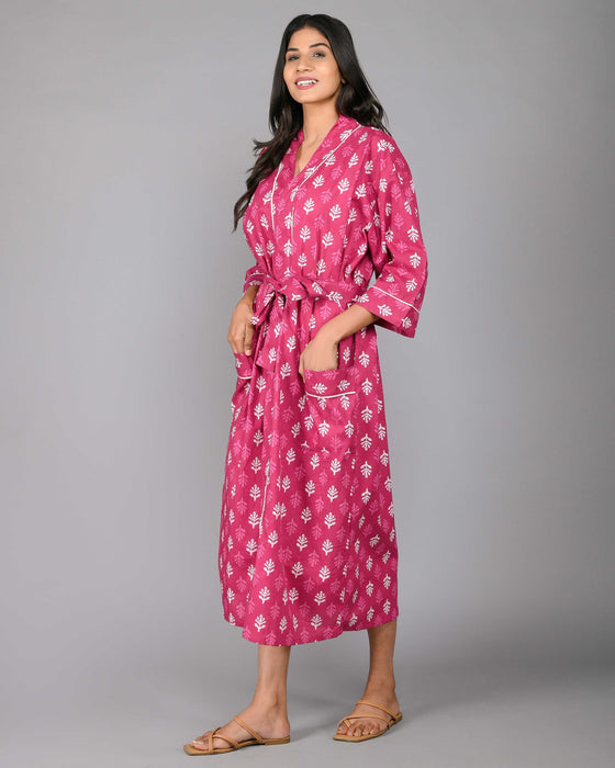 Floral Pattern Kimono Robe Long Bathrobe For Women (Pink)-KM-122