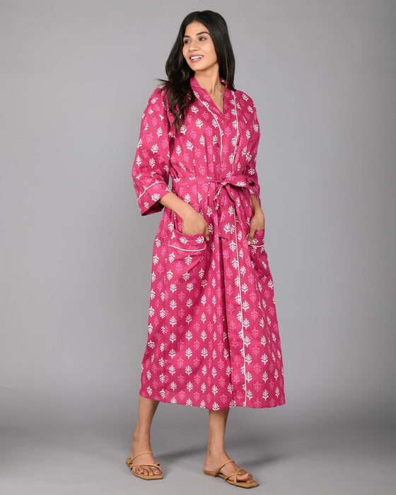 Floral Pattern Kimono Robe Long Bathrobe For Women (Pink)-KM-122