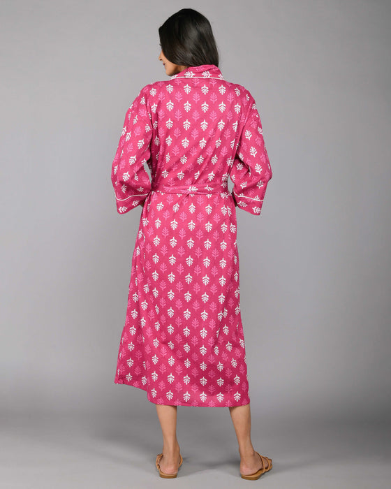 Floral Pattern Kimono Robe Long Bathrobe For Women (Pink)-KM-122