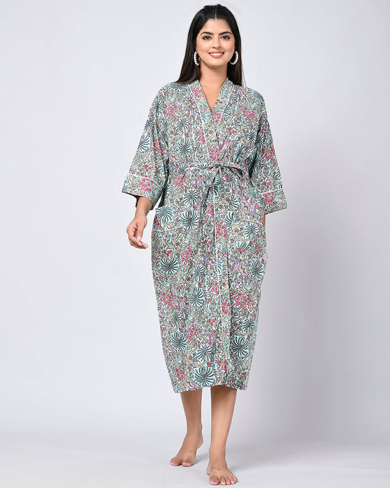 Floral Pattern Kimono Robe Long Bathrobe For Women (Multi)-KM-153