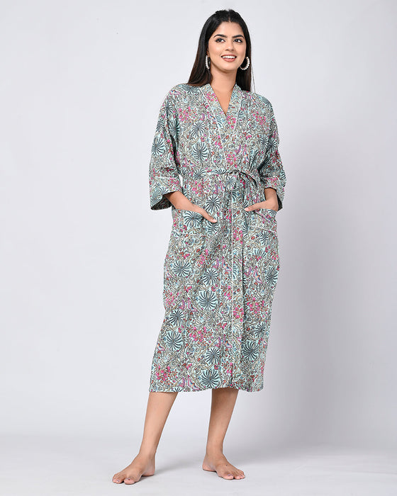 Floral Pattern Kimono Robe Long Bathrobe For Women (Multi)-KM-153