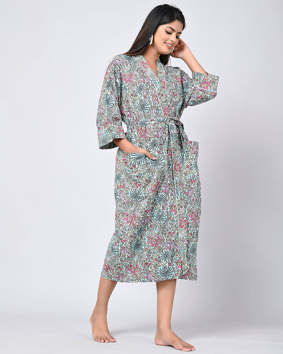 Floral Pattern Kimono Robe Long Bathrobe For Women (Multi)-KM-153