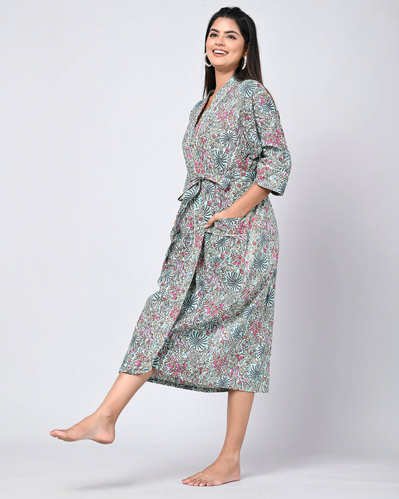 Floral Pattern Kimono Robe Long Bathrobe For Women (Multi)-KM-153