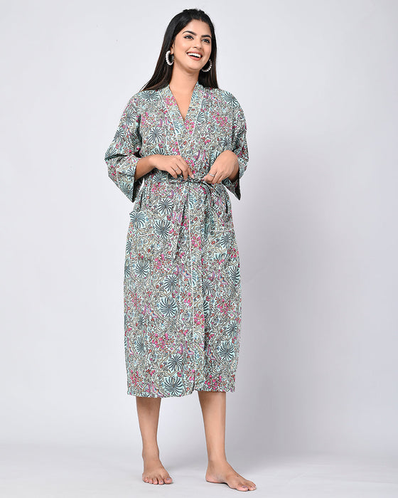 Floral Pattern Kimono Robe Long Bathrobe For Women (Multi)-KM-153