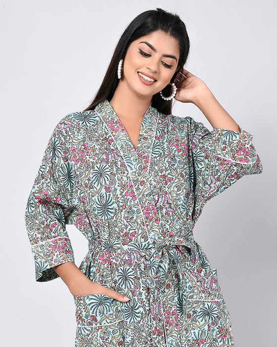 Floral Pattern Kimono Robe Long Bathrobe For Women (Multi)-KM-153