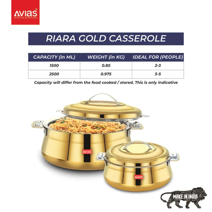 Riara Gold Premium Stainless Steel Casserole/ Hotpot/ Hot Case With Twist Lock With Sturdly Side Handles | Roti/ Chapati, Curry , Gravy, Rice Serveware | 1.5L/ 2.5L