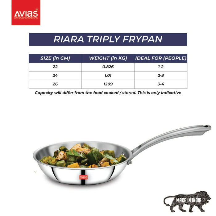 Riara Premium Stainless Steel Triply Fry Pan/ Skillet | Cool Touch Handles | 2.5 Mm Thick Body | Induction Friendly |1.25L/1.5L/1.75L