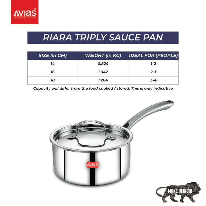 Riara Premium Stainless Steel Triply Saucepan With Steel Lid | Stay Cool Handles | 2.5 Mm Thickness | Induction Base | 1.10 L/1.5 L /2.25 L