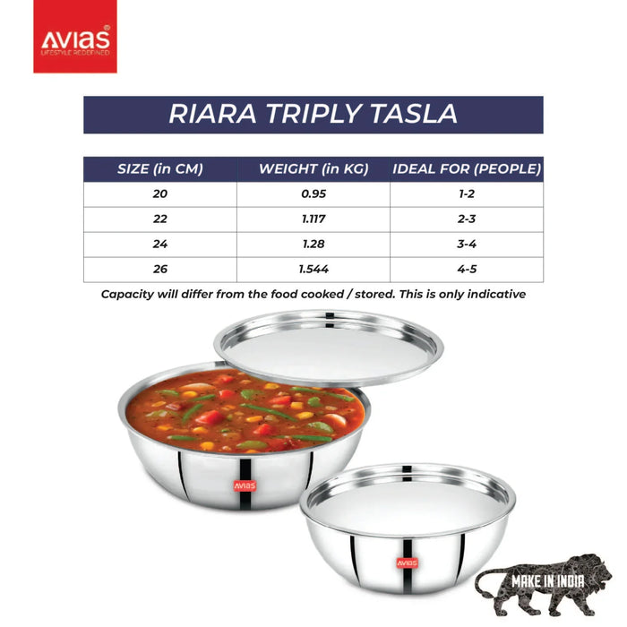 Premium Stainless Steel Triply Tasla With Steel Lid | 3 Layers, 2.5Mm Thickness, Induction Friendly | 20Cm/22Cm/24Cm/26Cm