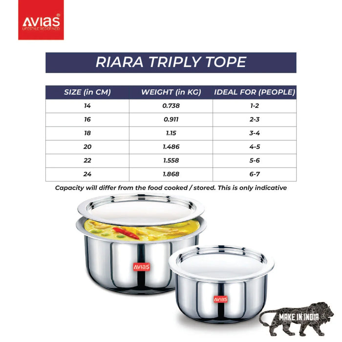 Riara Premium Stainless Steel Triply Tope With Steel Lid | 3 Layered | Induction Base | 2.5Mm Thickness | Induction Friendly | 14Cm/16Cm/18Cm/20Cm/22Cm/24Cm