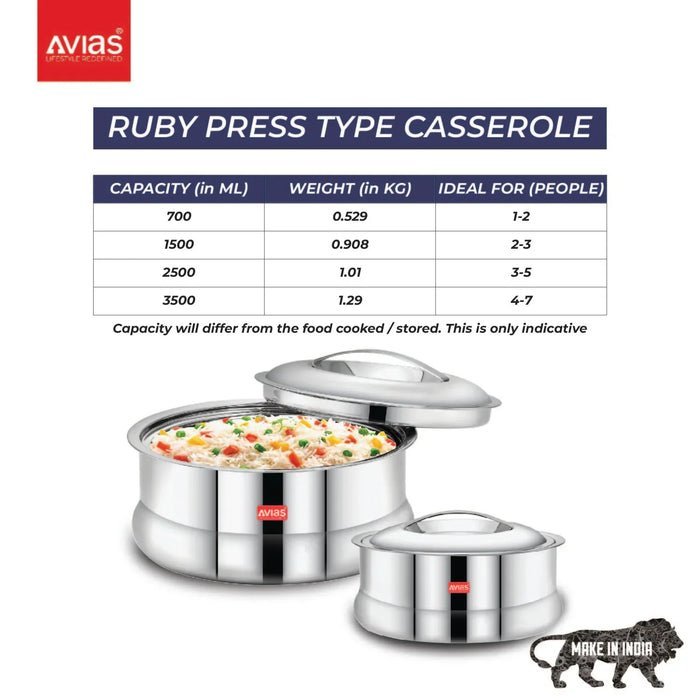 Ruby Casserole | Casserole/ Hotpot/ Hot Case | Retains Temperature | Curry , Gravy, Rice Serveware | Size- 700Ml/1500Ml/2500Ml/3500Ml