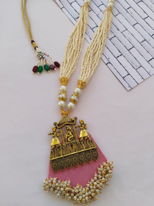 Baby Pink And Golden Long Ethnic Necklace