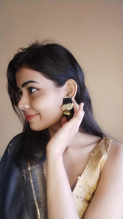 Black And Golden Beaded Jhumka Earrings