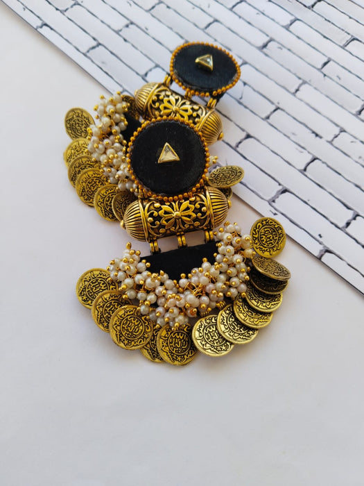 Black Heavy Golden Coins Beaded Jhumka