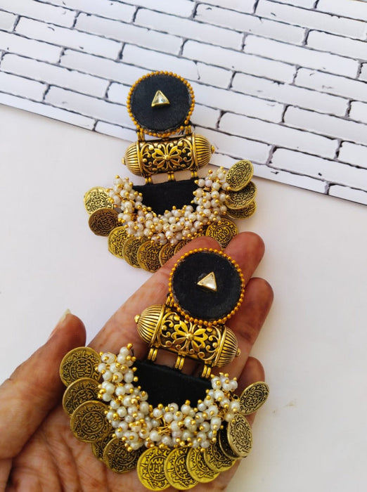 Black Heavy Golden Coins Beaded Jhumka