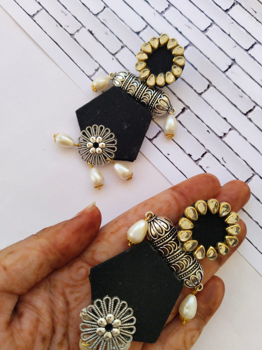 Black Long Jhumka Earrings With Pearls For Women