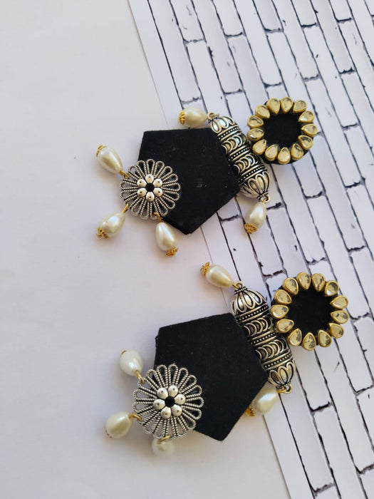 Black Long Jhumka Earrings With Pearls For Women