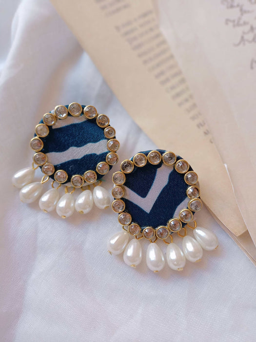 Blue Pearls And Kundan Round Stud Earrings