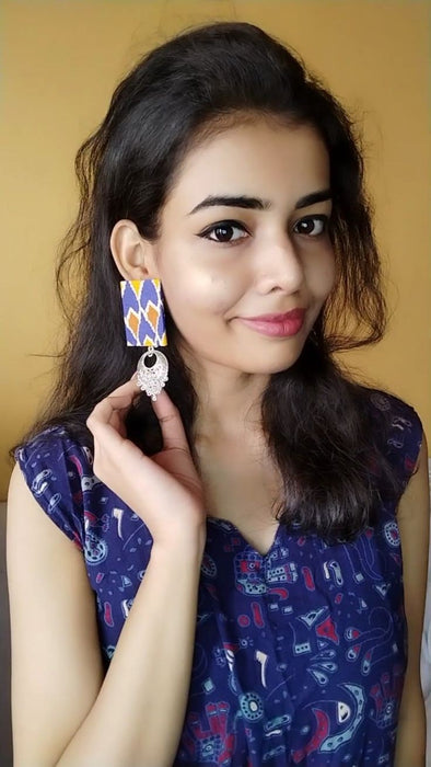 Blue Printed Rectangular Fabric Earrings