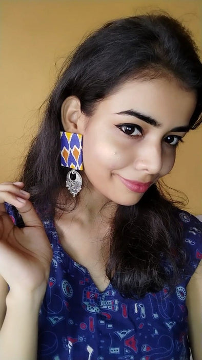 Blue Printed Rectangular Fabric Earrings