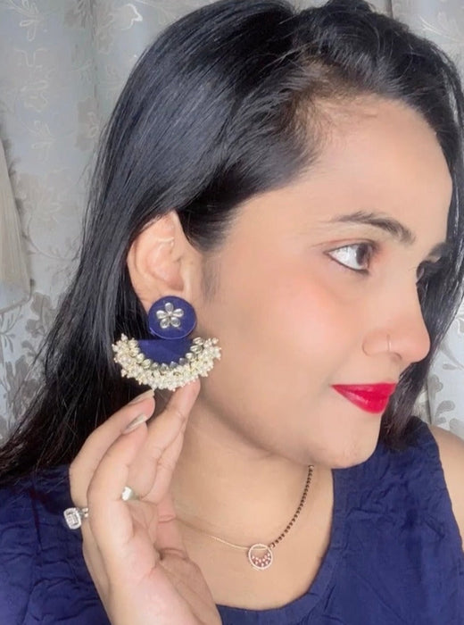 Blue Semi Circular Beaded Earrings