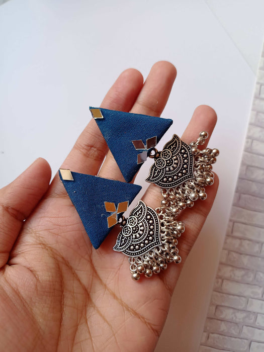 Blue Triangular Jhumka Earrings With Silver Charm